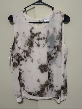 Calvin Klein Cream and Brown Tie-Dye Sleeveless Blouse